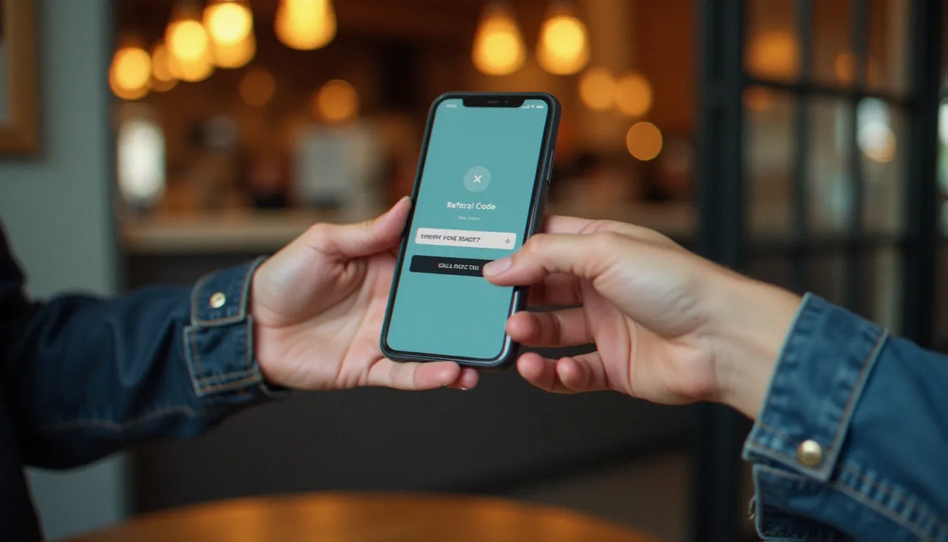 Deux personnes s'échangeant un téléphone affichant une interface de code parrainage dans un café parisien