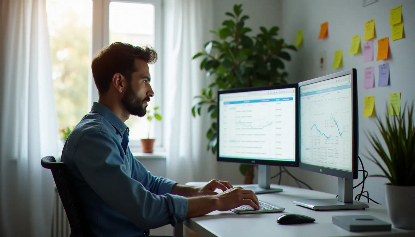 Un consultant analysant ses statistiques de parrainage sur un tableau de bord dans un bureau à domicile moderne