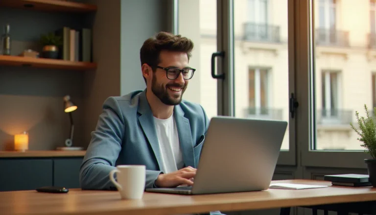 Un consultant en marketing digital consulte ses gains issus d'un code parrainage sur son ordinateur portable dans un appartement parisien