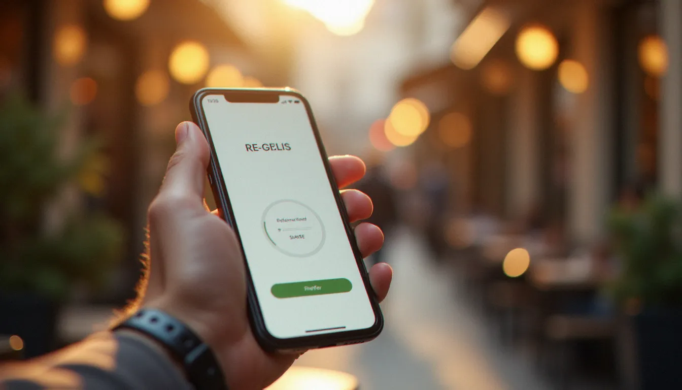 Une personne tenant son smartphone affichant un code parrainage Finary prêt à être partagé depuis un café parisien ensoleillé