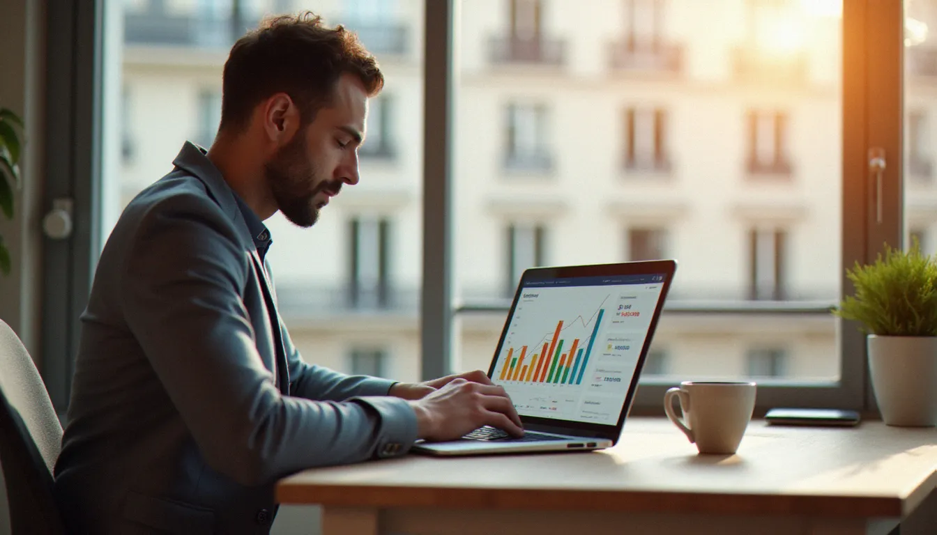 Un homme de 35 ans consultant son tableau de bord de gestion de patrimoine sur l'application Finary depuis son appartement parisien, illustrant l'utilisation du code parrainage Finary