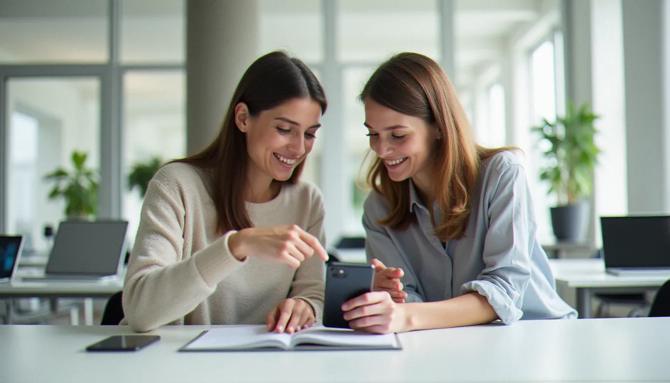 Deux collègues partageant un écran de smartphone pour suivre ensemble les étapes d'activation d'un code parrainage dans une application bancaire mobile
