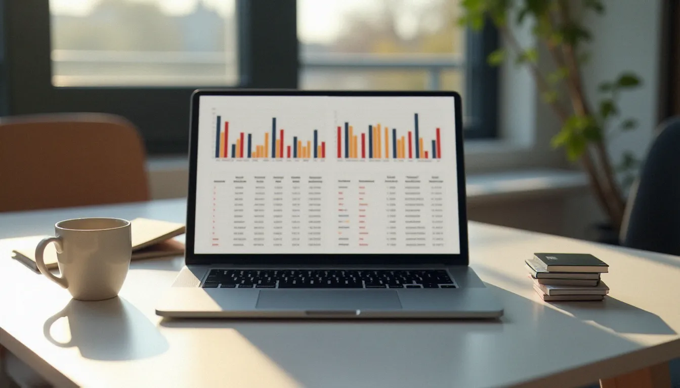 Bureau épuré avec ordinateur affichant des graphiques de comparaison financière et une carte bancaire posée à côté, illustrant l'analyse comparative des programmes de parrainage en banque en ligne