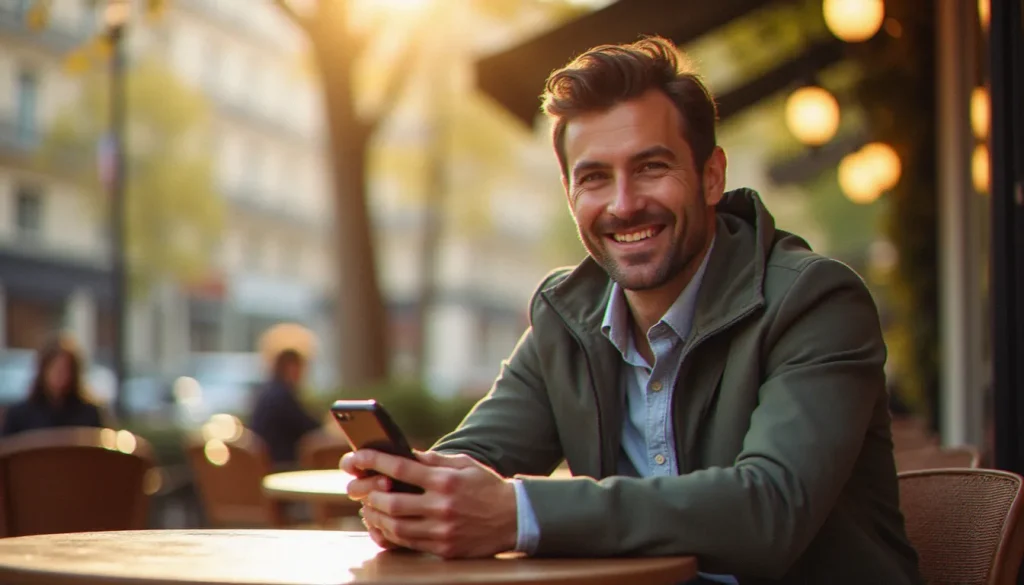 Un homme satisfait consulte son application bancaire Revolut sur smartphone dans un café parisien ensoleillé, illustrant la réception d'une prime via un code parrainage Revolut