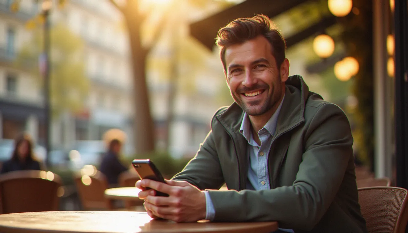 Un homme satisfait consulte son application bancaire Revolut sur smartphone dans un café parisien ensoleillé, illustrant la réception d'une prime via un code parrainage Revolut