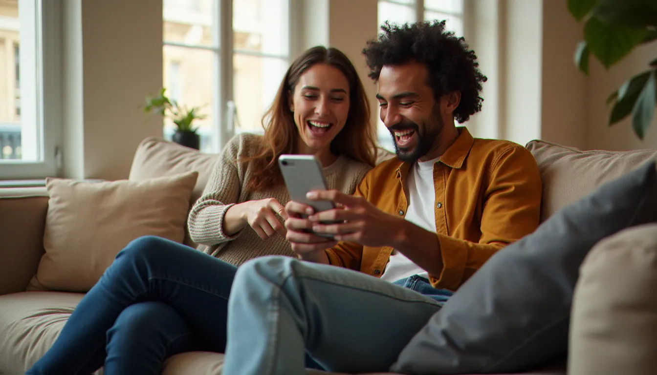 Un couple découvrant ensemble les avantages d'un programme de parrainage sur smartphone dans un appartement moderne et lumineux