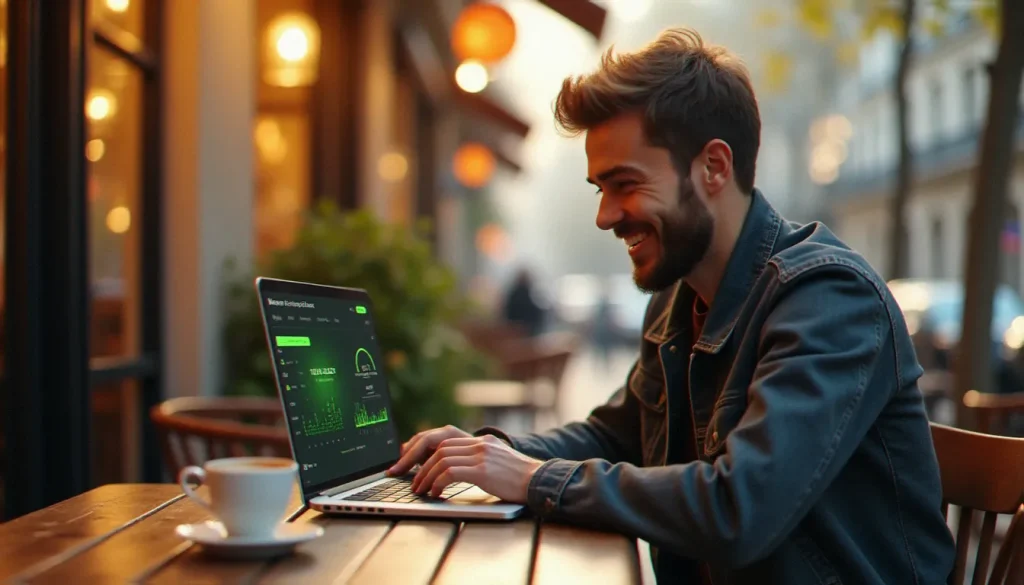 Un homme consultant un tableau de bord de code parrainage youprice sur son ordinateur portable dans un café parisien ensoleillé