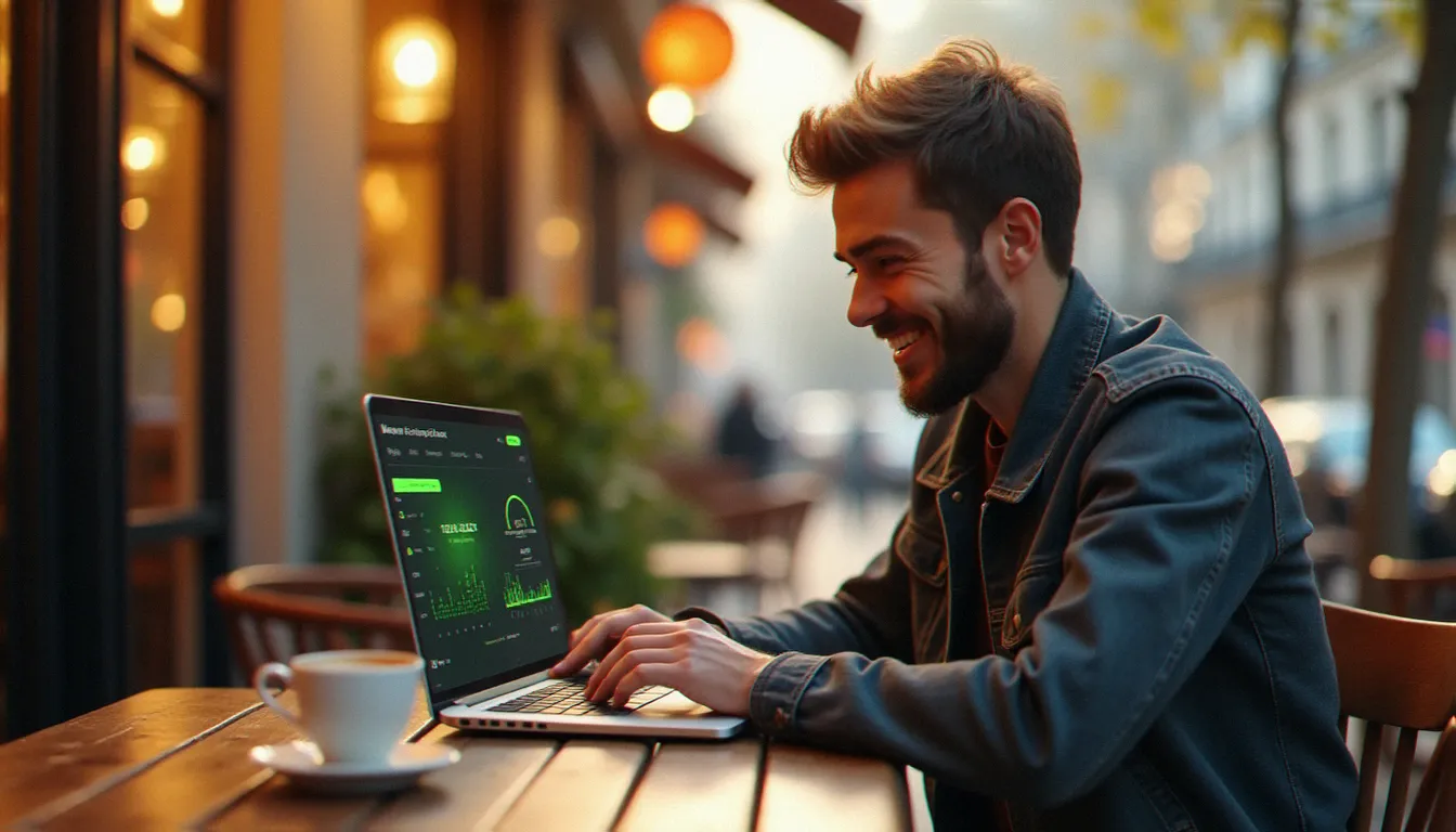 Un homme consultant un tableau de bord de code parrainage youprice sur son ordinateur portable dans un café parisien ensoleillé
