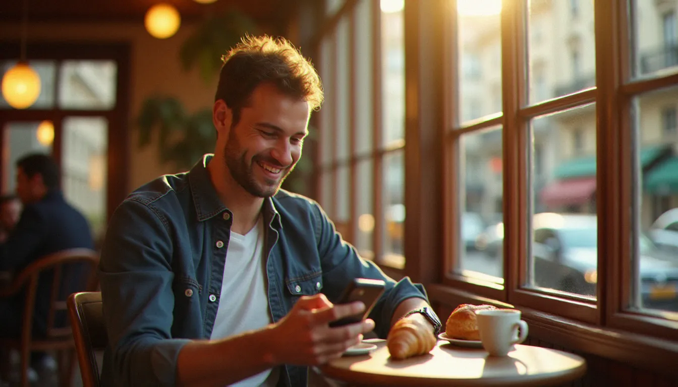 Homme souriant dans un café parisien consultant son smartphone à la recherche de codes promo et bons plans pour ses annonces en ligne