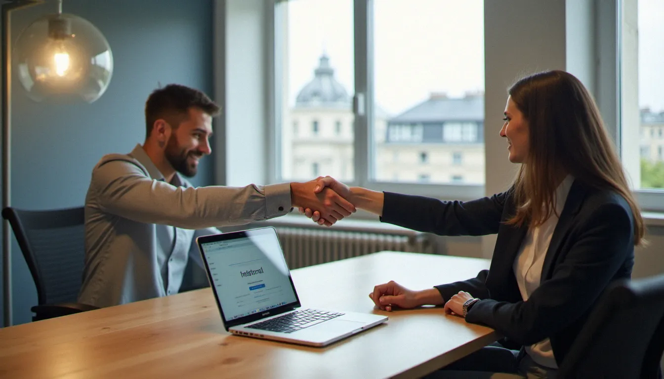 Deux personnes se serrant la main dans un espace de coworking parisien, symbolisant un partenariat de parrainage avantageux sur une plateforme d'annonces en ligne