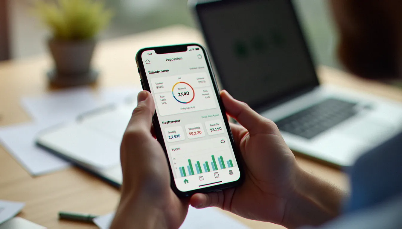 Mains masculines tenant un smartphone affichant un tableau de bord de programme de parrainage bancaire avec statistiques de gains