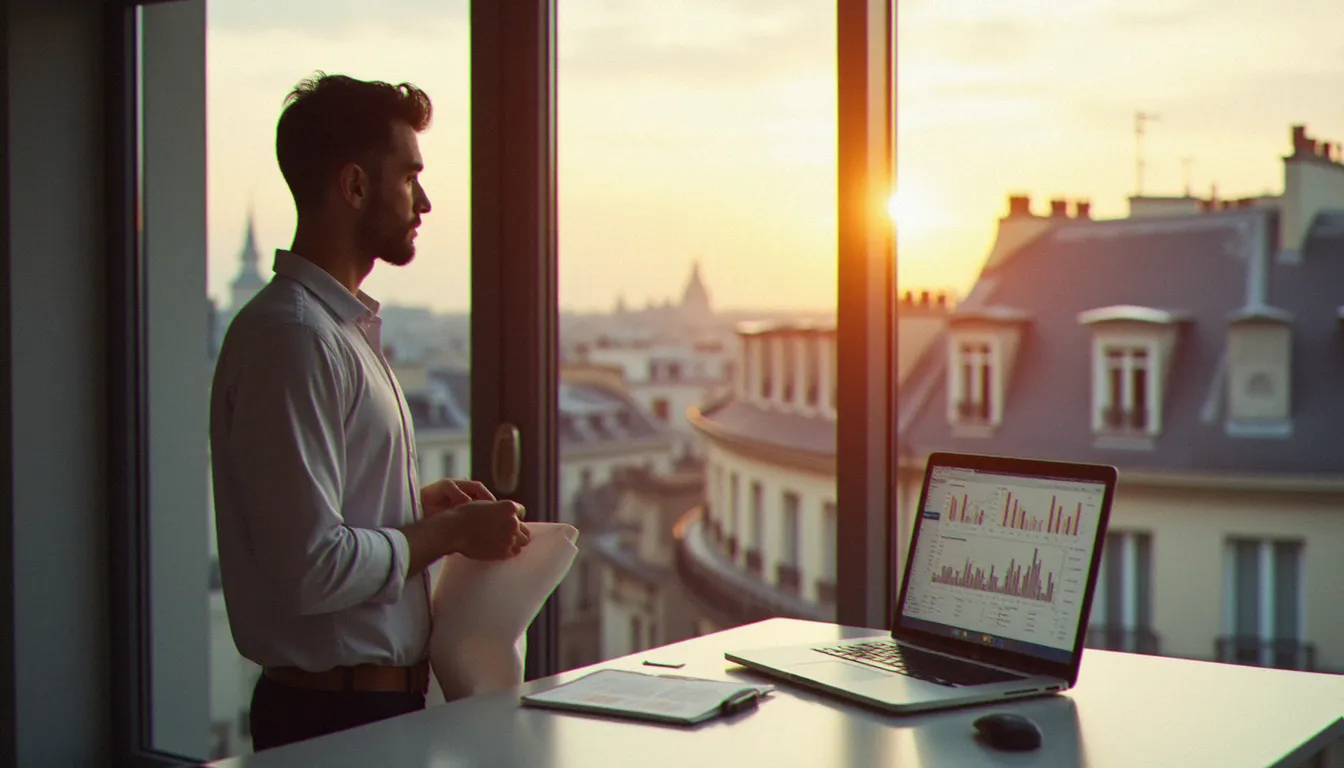 Consultant en marketing digital analysant les performances de son programme de parrainage depuis un bureau moderne avec vue sur les toits parisiens