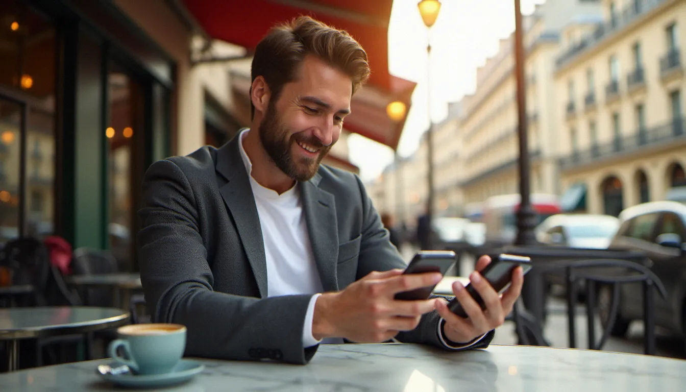 Un homme souriant consultant son application de parrainage Boursorama sur smartphone depuis la terrasse d'un café parisien ensoleillé
