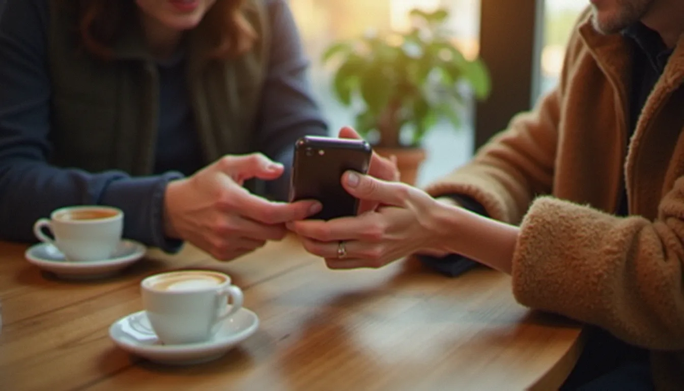 Deux amis s'échangeant un smartphone pour partager un lien de parrainage bancaire, illustrant le fonctionnement du parrainage Revolut par recommandation directe