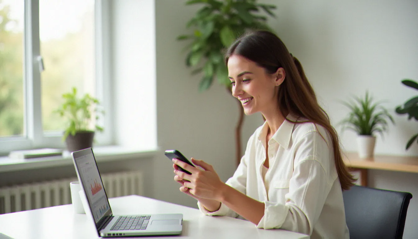 Une utilisatrice satisfaite consulte les récompenses créditées sur son compte suite à un parrainage Revolut validé, depuis son espace de travail moderne et lumineux