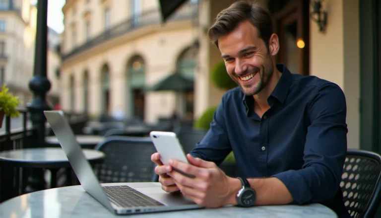 Un consultant en marketing digital souriant utilise son smartphone pour gérer son programme de parrainage Revolut depuis une terrasse de café parisienne ensoleillée