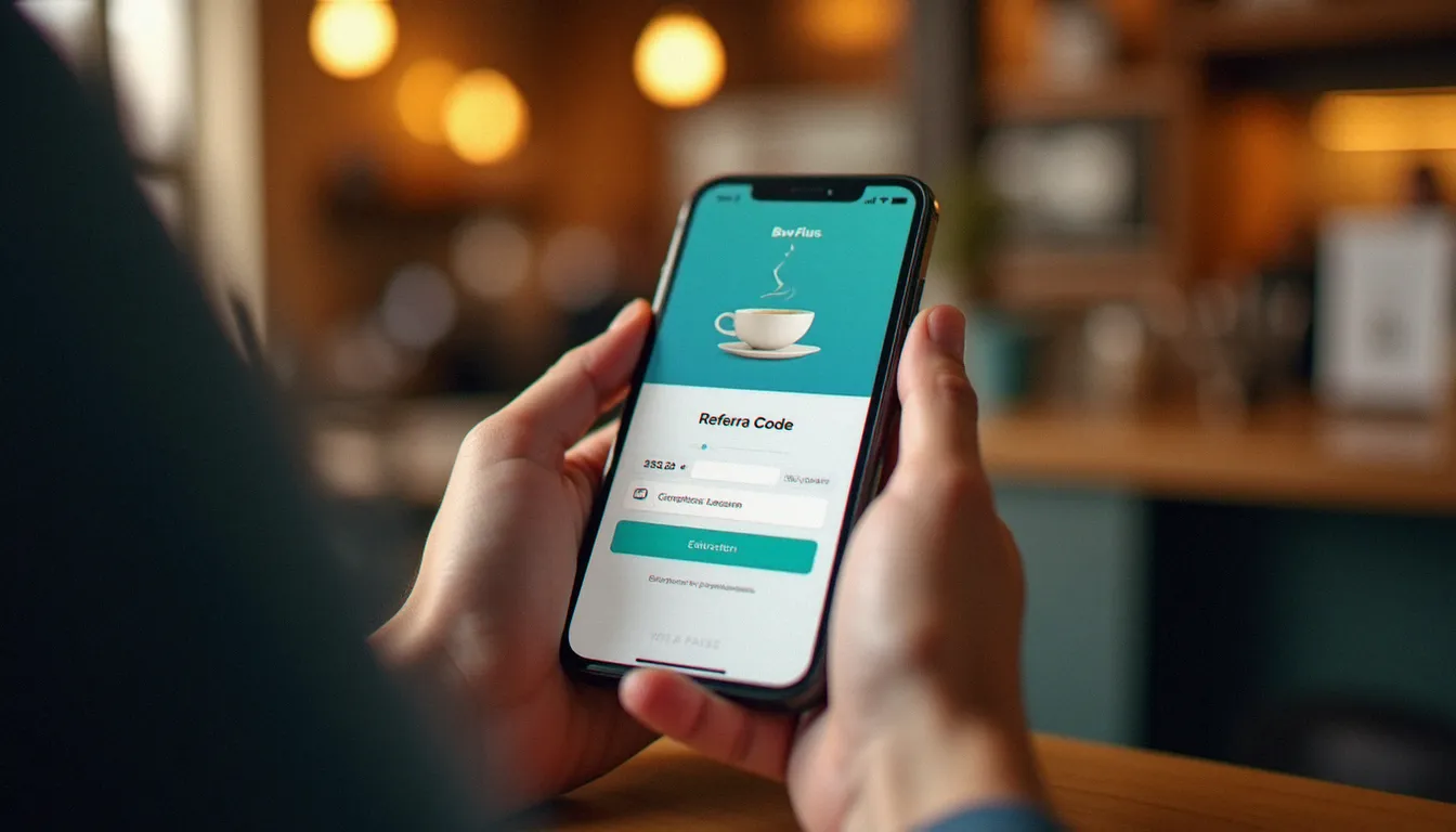 Mains tenant un smartphone affichant un code de parrainage bancaire en ligne dans un café parisien