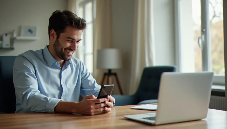 Un homme consultant son application bancaire sur son téléphone après avoir utilisé un code de parrainage pour obtenir une prime