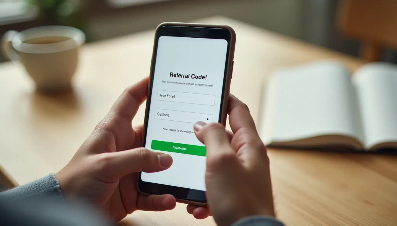 Mains masculines saisissant un code de parrainage dans le champ dédié du formulaire d'inscription d'une application de gestion financière sur smartphone