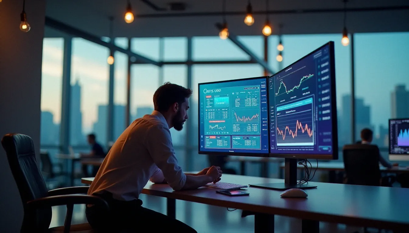 Vue comparative de plusieurs interfaces d'applications de gestion financière affichées côte à côte sur un grand écran de bureau dans un espace de travail moderne, illustrant le positionnement de Finary face à ses concurrents
