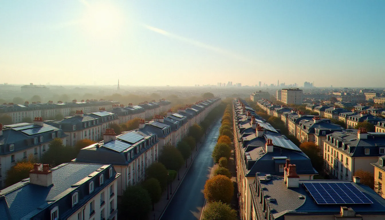 Vue aérienne de toits équipés de panneaux solaires symbolisant le choix d'un fournisseur d'énergie verte comme Alterna Energie en France