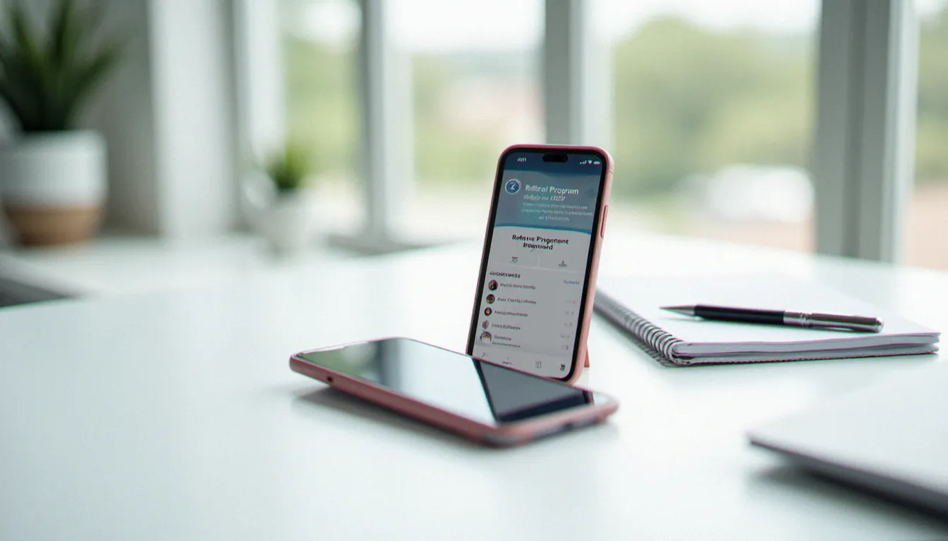 Deux smartphones affichant des notifications de parrainage et de partage de code, posés sur un bureau moderne, illustrant le fonctionnement du programme de parrainage