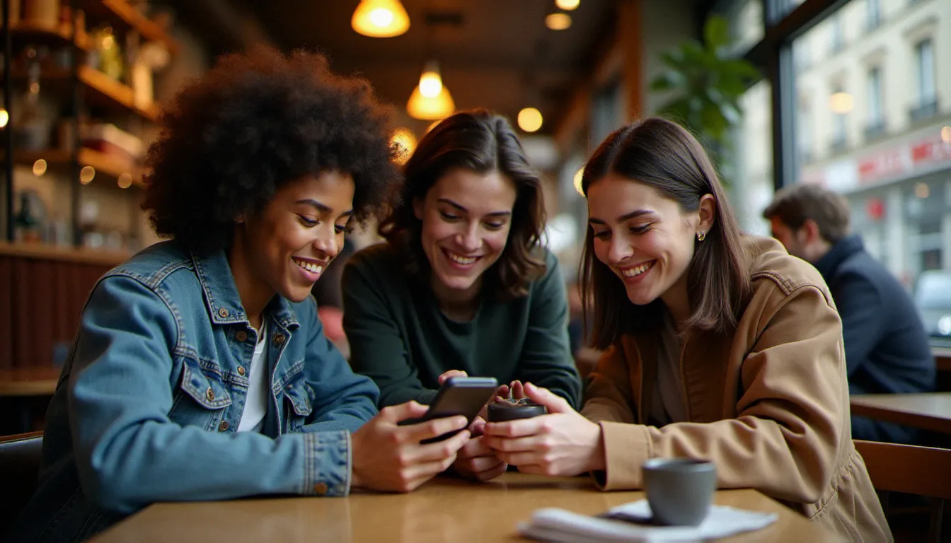 Groupe d'amis parisiens partageant un code parrainage sur smartphone autour d'une table de café, illustrant le bouche à oreille comme stratégie de parrainage Bankin