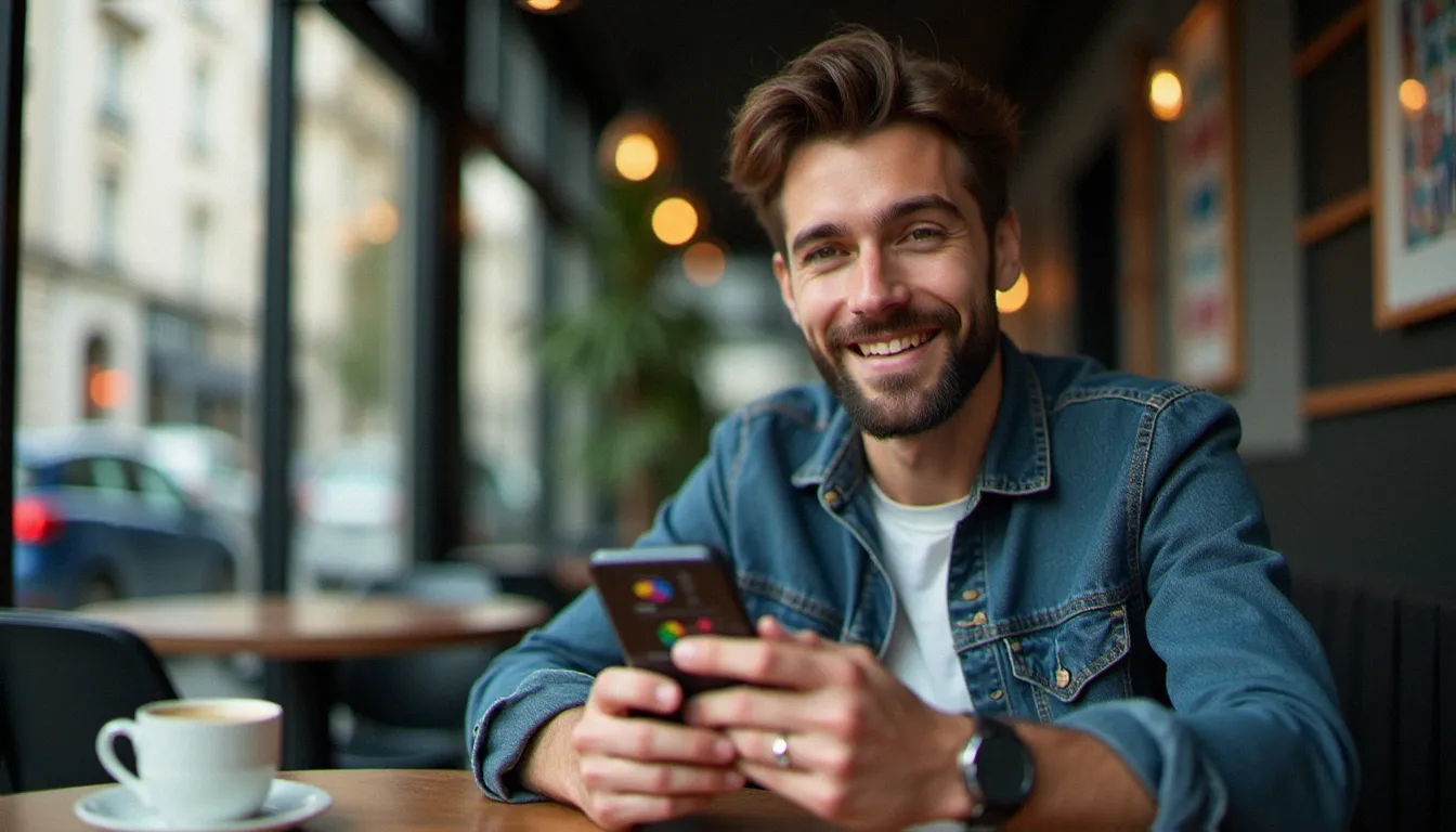 Homme consultant son application de gestion budgétaire Bankin sur smartphone dans un café parisien, illustrant l'utilisation du code parrainage Bankin