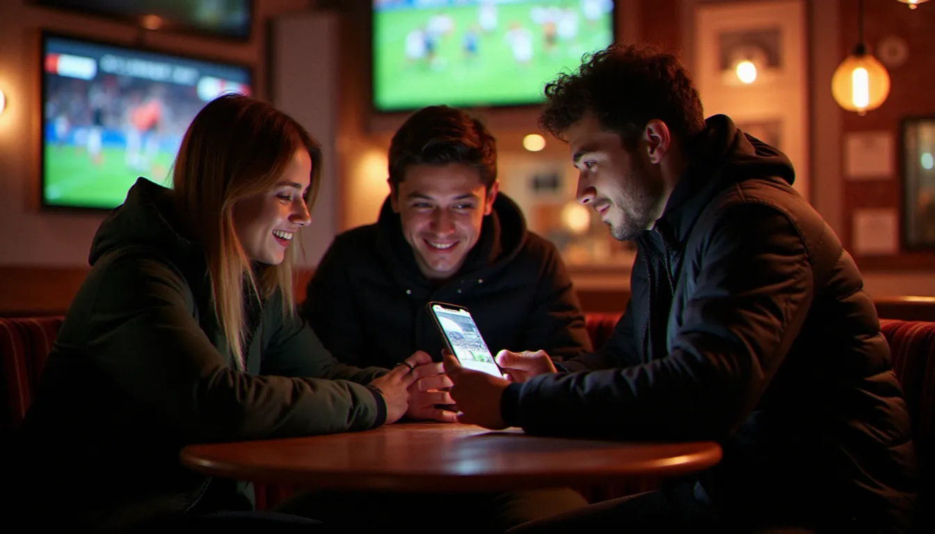 Groupe de trois amis dans un bar sportif parisien partageant un code parrainage Betclic avant un match de football, illustrant le parrainage entre proches dans un contexte festif
