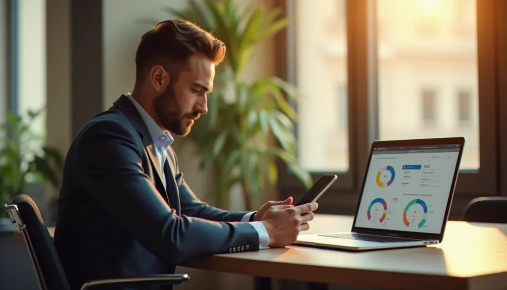 Consultant en marketing digital partageant un code parrainage Betclic depuis son smartphone dans un appartement parisien lumineux