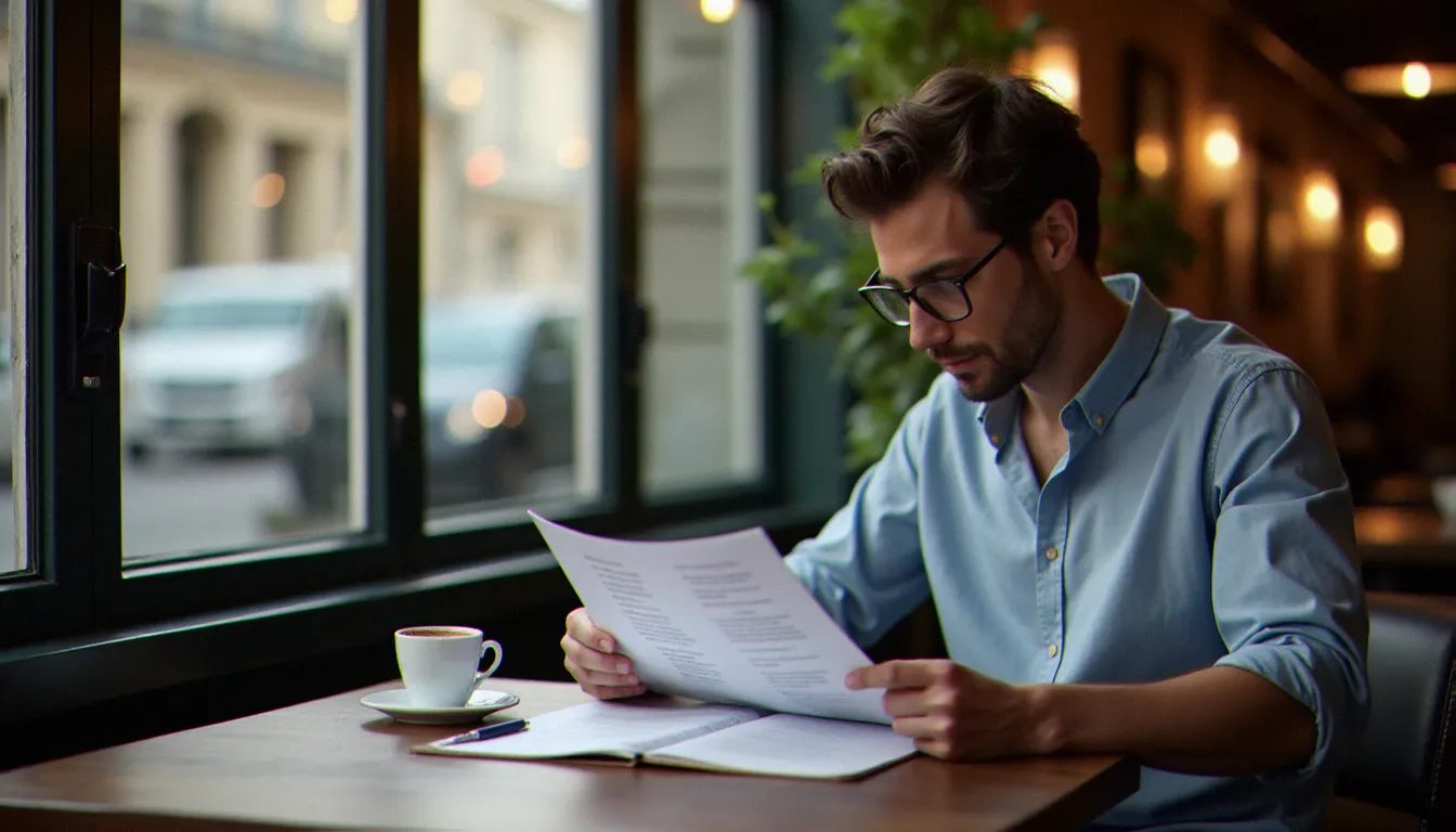 Un homme vérifiant les conditions du programme de parrainage bancaire avec une liste de critères posée sur une table de café à Paris