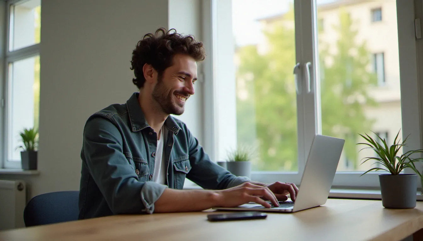 Un homme consultant son ordinateur portable pour utiliser un code parrainage BoursoBank et ouvrir un compte en ligne depuis son appartement parisien