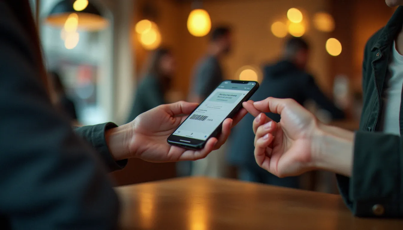 Deux amis dans un café parisien échangeant un code parrainage Boursorama via smartphone, illustrant le partage d'un code entre proches
