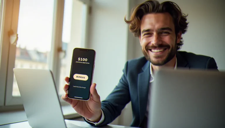 Un homme consultant son application bancaire Boursorama sur smartphone après avoir utilisé un code parrainage, dans un appartement parisien lumineux