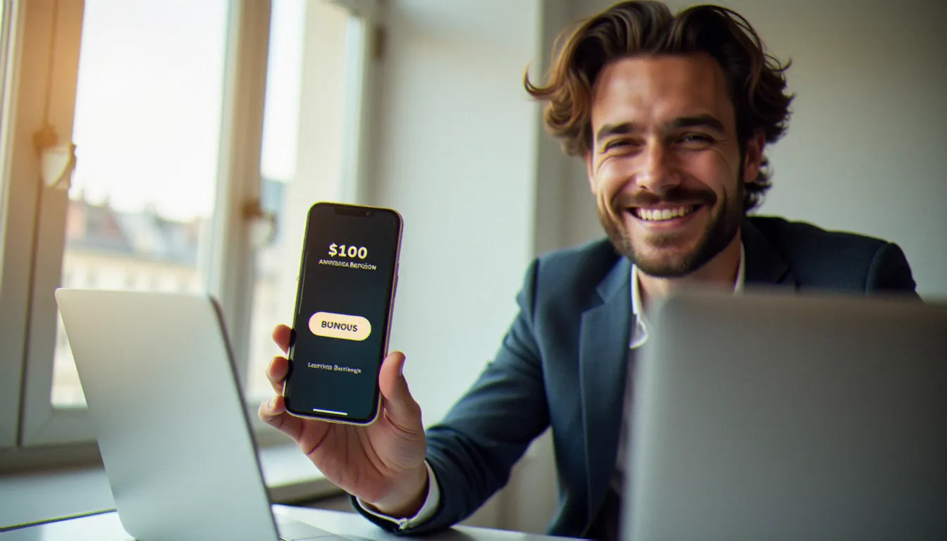Un homme consultant son application bancaire Boursorama sur smartphone après avoir utilisé un code parrainage, dans un appartement parisien lumineux