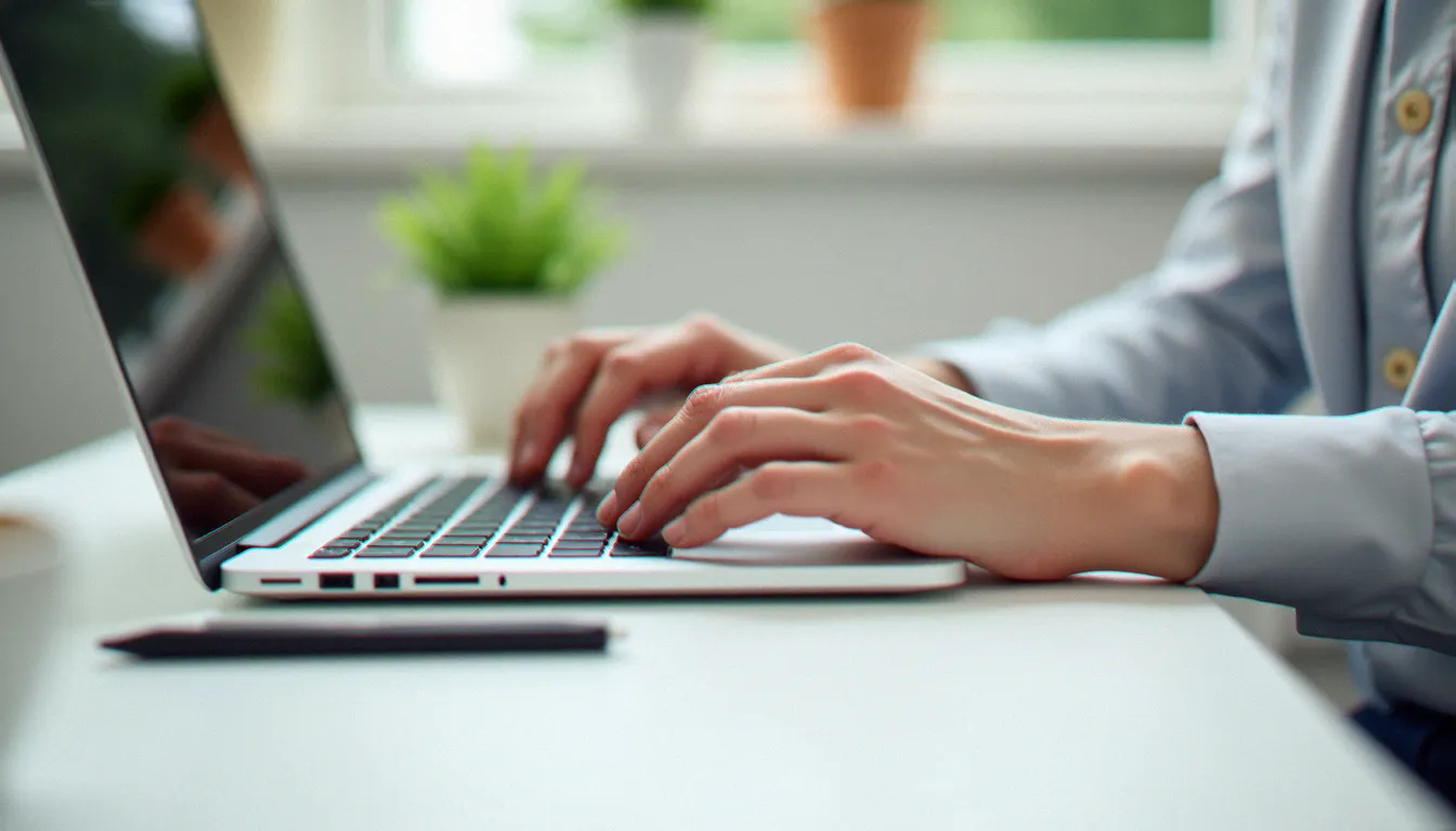 Mains tapant un code parrainage Engie sur un clavier d'ordinateur portable lors d'une souscription en ligne