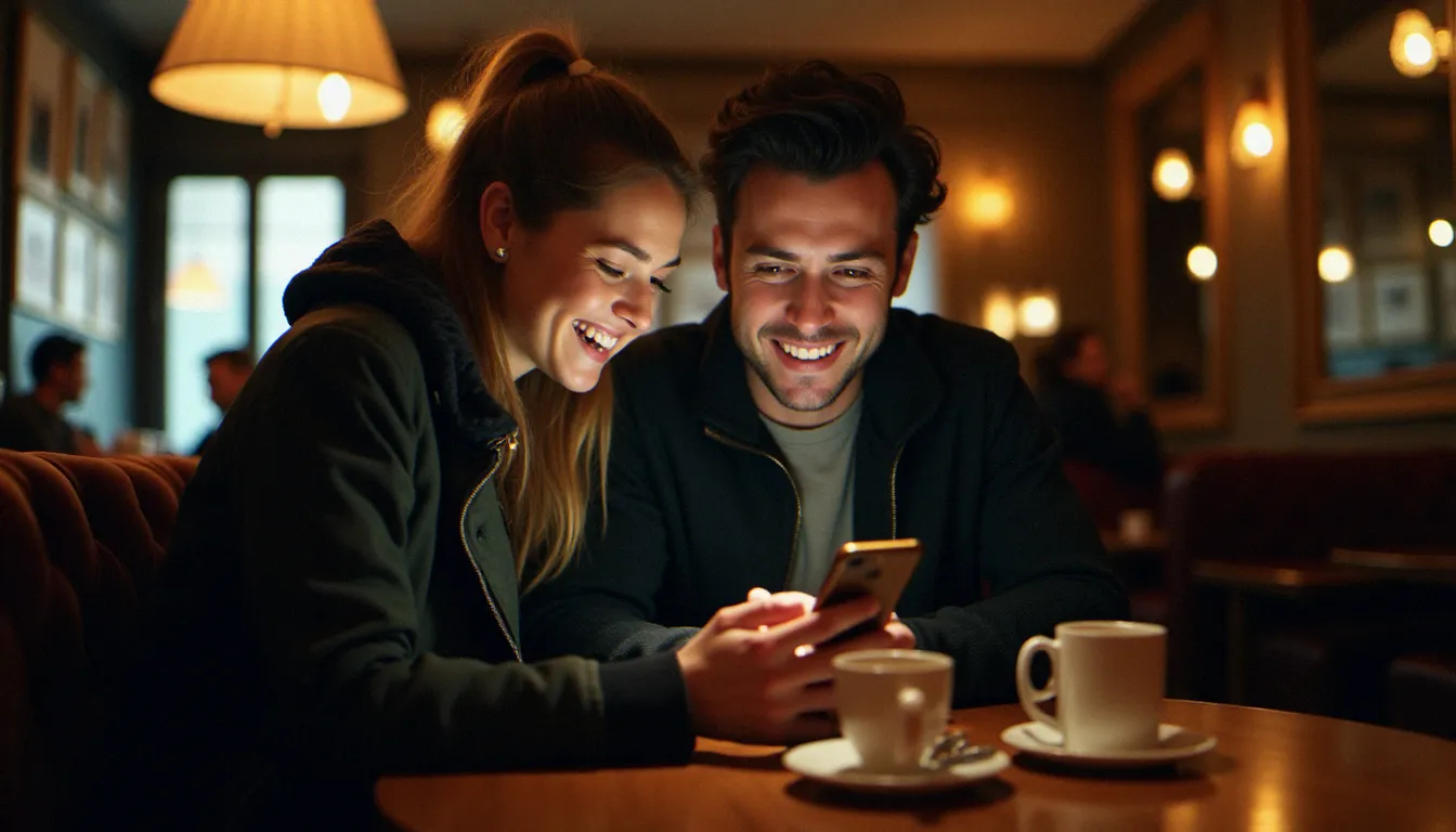 Deux amis dans un café parisien partageant un code parrainage Engie via smartphone pour économiser mutuellement sur leurs factures d'énergie