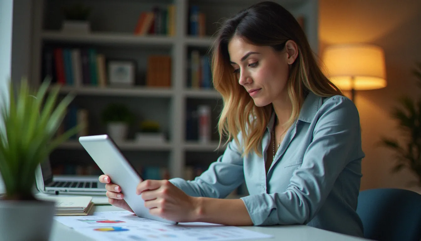 Femme analysant un tableau comparatif de primes de parrainage banques en ligne sur tablette numérique