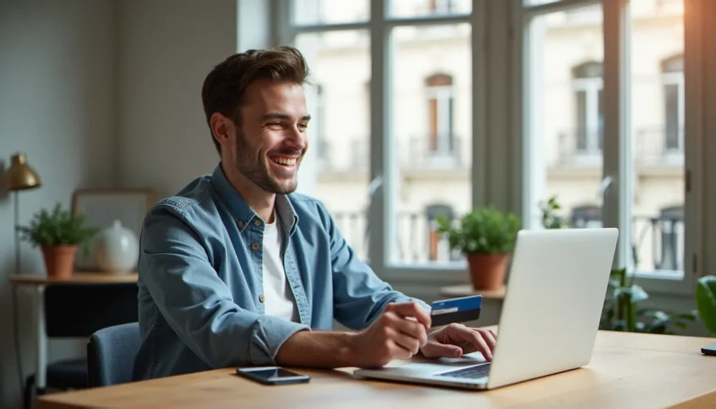Homme consultant son tableau de bord bancaire en ligne pour activer son code parrainage Fortuneo sur ordinateur portable
