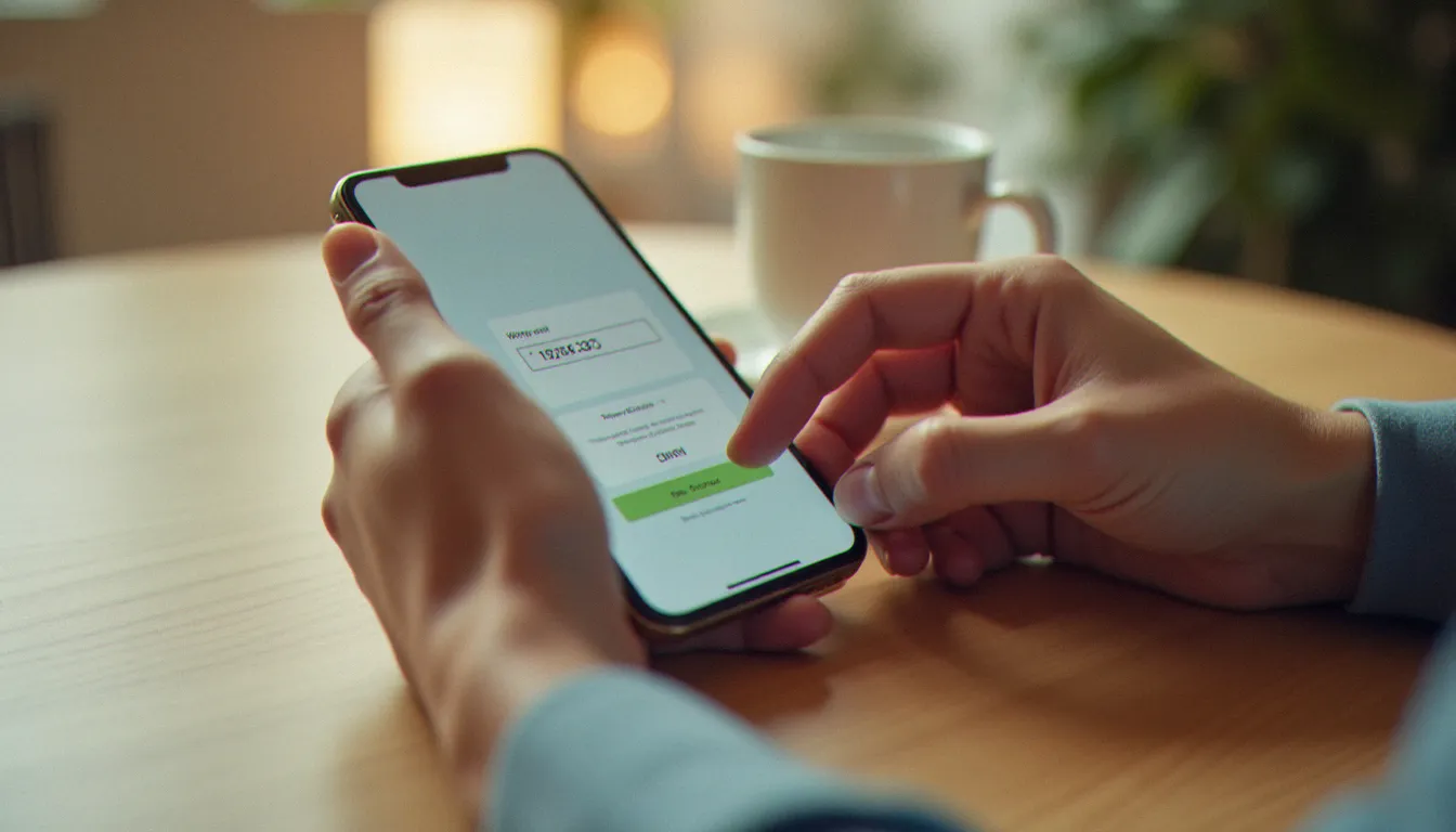 Mains saisissant un code parrainage Geev sur un formulaire d'inscription mobile, smartphone posé sur une table en bois avec une tasse de café