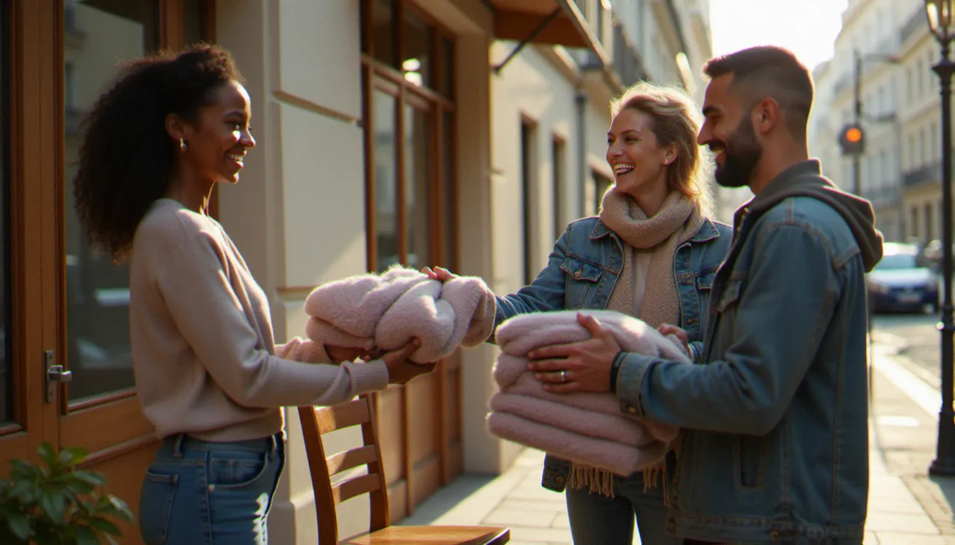 Voisins français échangeant des objets du quotidien dans une rue parisienne, représentant l'économie du don facilitée par Geev