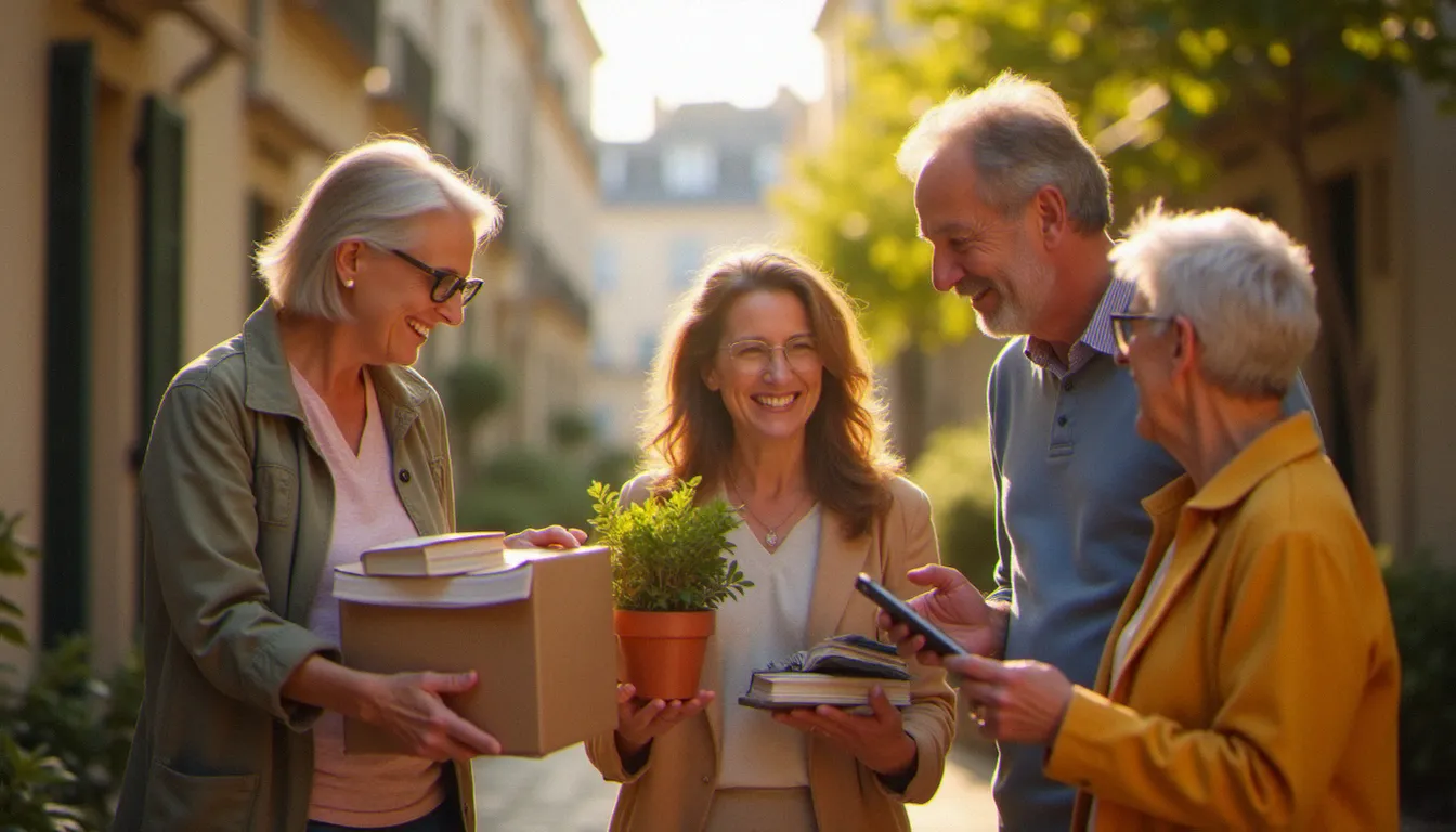 Groupe de voisins français de tous âges échangeant des objets dans une cour ensoleillée, illustrant l'esprit de partage et de communauté au cœur du parrainage Geev