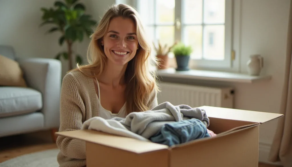 Jeune femme préparant des objets à donner via un code parrainage Geev dans un appartement parisien lumineux