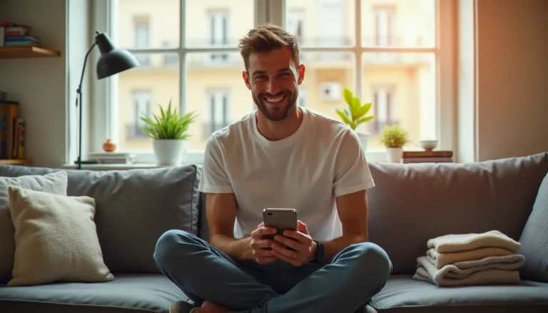 Homme souriant consultant son code parrainage Geev sur smartphone dans un appartement parisien lumineux, entouré d'objets à donner soigneusement empilés