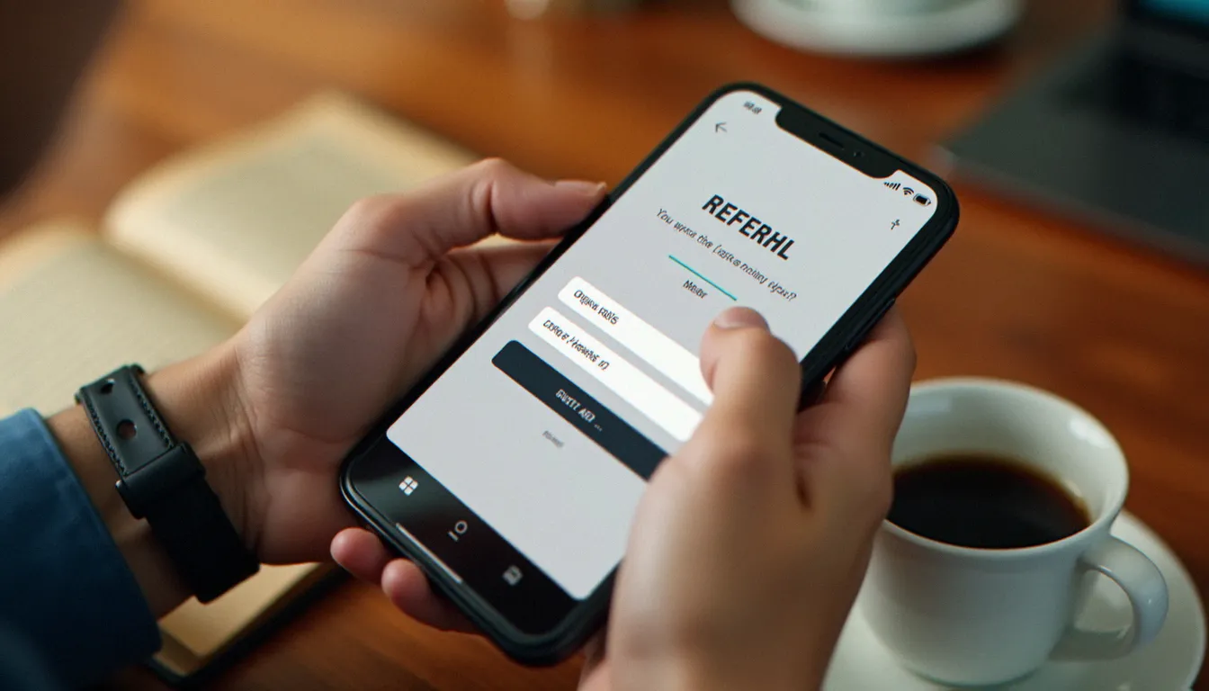 Mains tenant un smartphone avec un écran de partage de code parrainage, illustrant le processus pour utiliser un code parrainage Greenweez