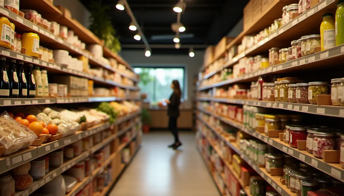 Rayon d'épicerie bio avec des produits certifiés biologiques sur des étagères en bois, représentant l'offre produit du leader de la bio en ligne Greenweez