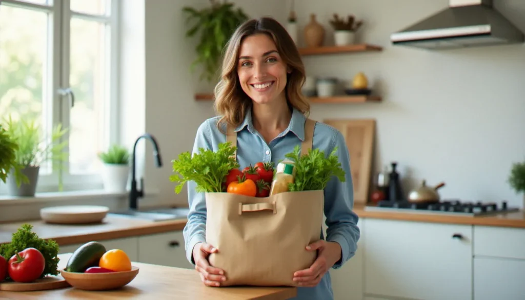 Une femme tenant un sac de courses bio rempli de produits Greenweez, illustrant l'utilisation d'un code parrainage Greenweez pour économiser sur ses achats bio