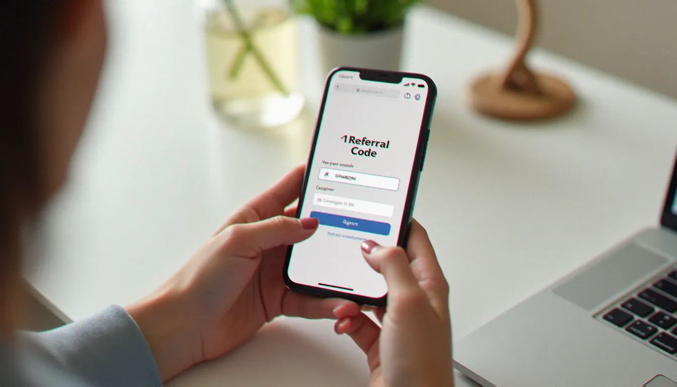 Mains féminines saisissant un code parrainage sur l'écran d'inscription d'une application de cashback depuis un smartphone