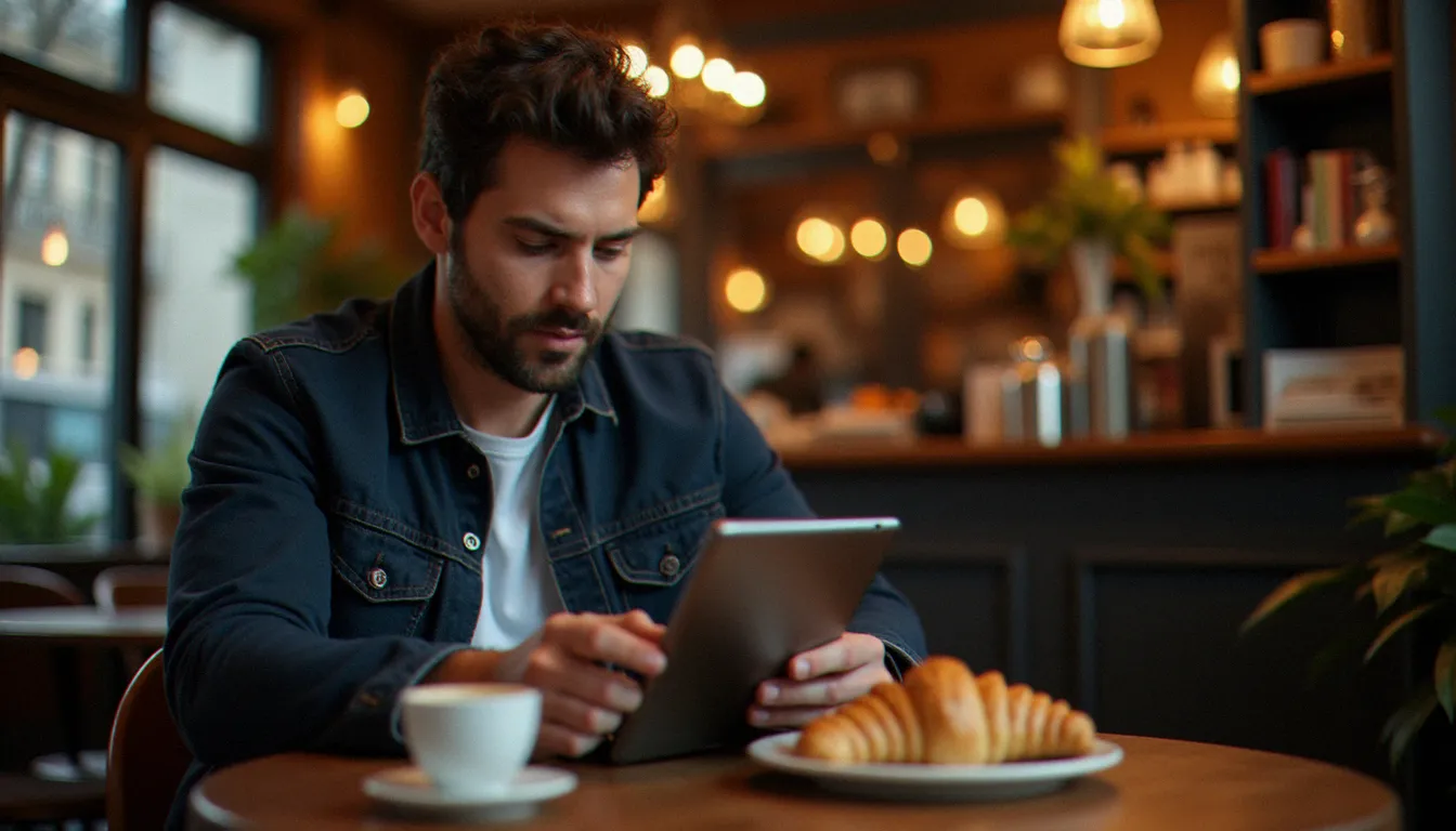 Homme parcourant des offres de cashback sur tablette dans un café parisien, illustrant l'utilisation quotidienne d'iGraal pour maximiser ses gains
