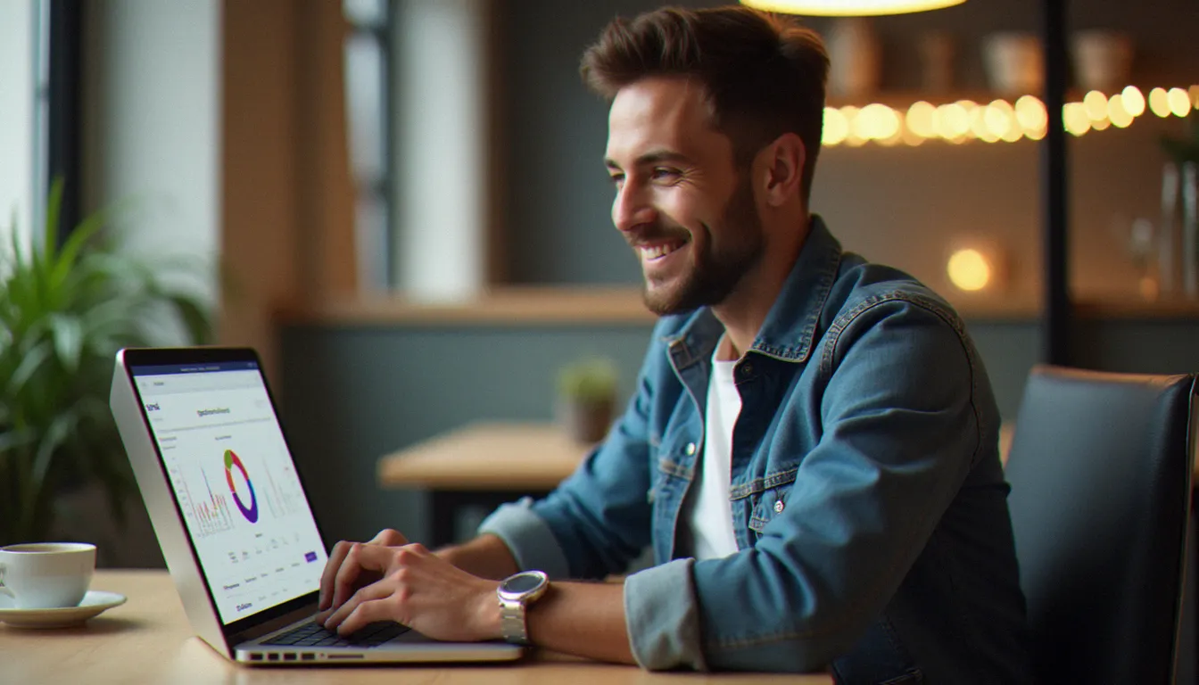 Homme consultant son tableau de bord de cashback iGraal sur ordinateur portable dans un appartement parisien, illustrant l'utilisation d'un code parrainage iGraal